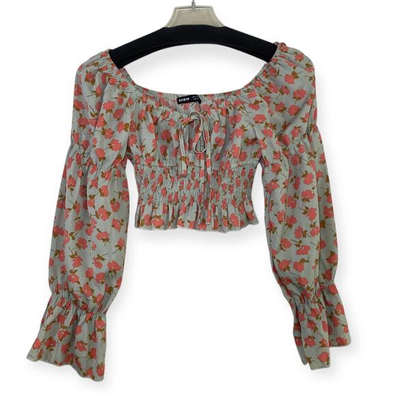 Shein Women’s XS Pink Floral Cropped Long Sleeve Blouse - Picture 1 of 5